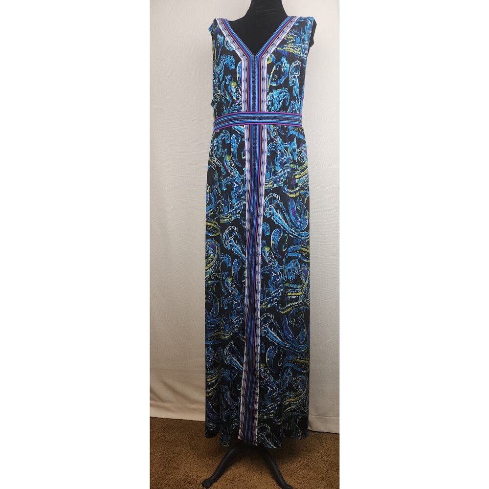 ELLE  Dress EW22939 Womens 0X Brushed Paisley Maxi Black / Aqua beach pool party